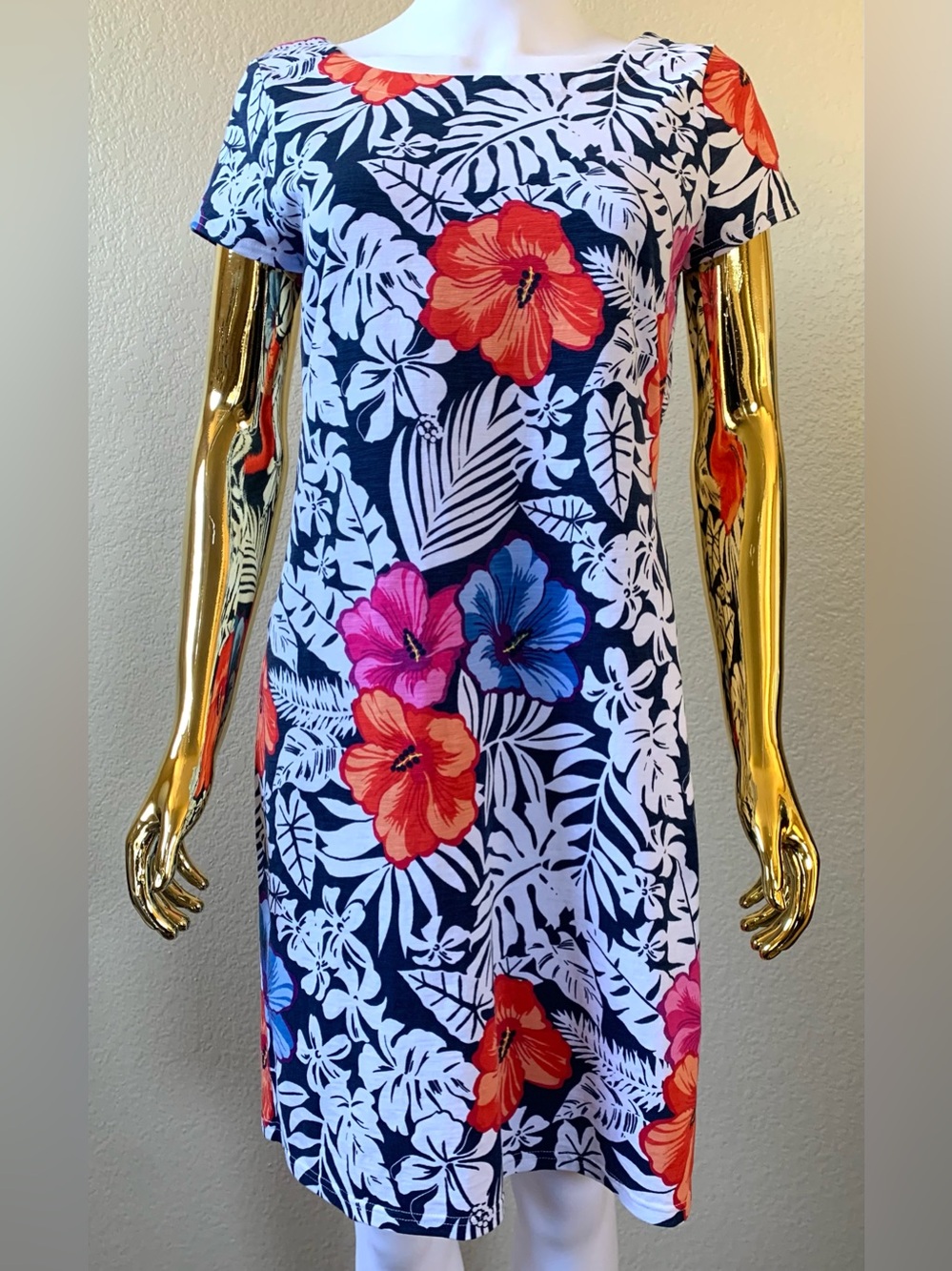 NWOT Tommy Bahama Floral Tropical Dress Blue White orange pink hibiscus back zip
